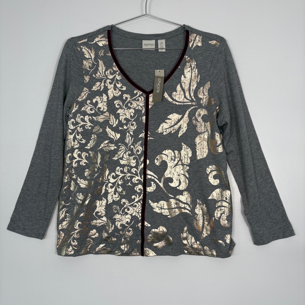 Chico's Zenergy Women Top 2P (12P) Gray Gold Foil Velvet Trim VNeck NWT Cardigan